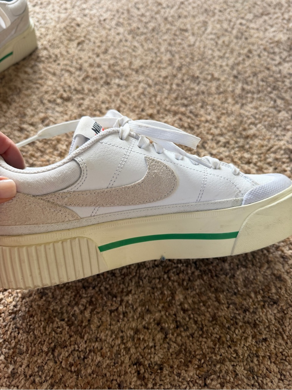Nike Women’s White Platform Sneakers with Cream Suede Swoosh and Green Accent